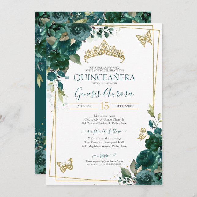 Quinceañera Emerald Grönt Guld Blommigt Butterfly Inbjudningar (Fram/baksida)