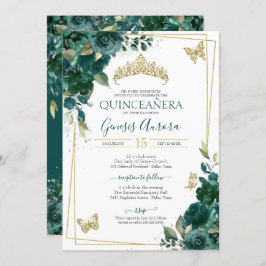 Quinceañera Emerald Grönt Guld Blommigt Butterfly Inbjudningar