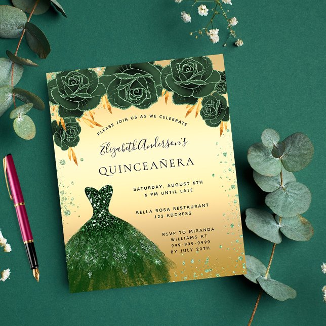 Quinceanera emerald grönt guld dress blommigt budg flygblad (Skapare uppladdad)