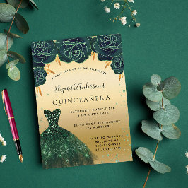 Quinceanera emerald grönt guld dress blommigt inbjudningar
