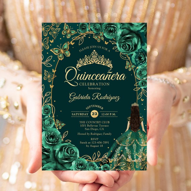 Quinceanera Emerald Grönt Guld Inbjudningar (Skapare uppladdad)