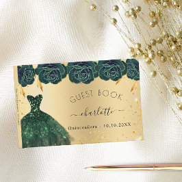 Quinceanera emerald grönt guld klänblommor gästböcker