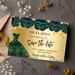 Quinceanera emerald grönt guld klänblommor spara datumet