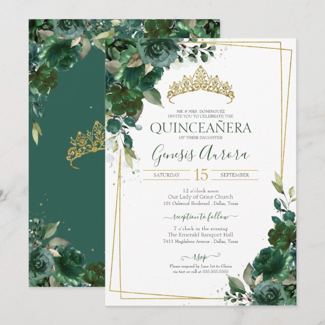 Quinceañera Emerald Grönt & Guld Watercolor Blommi Inbjudningar (Fram/baksida)
