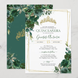 Quinceañera Emerald Grönt & Guld Watercolor Blommi Inbjudningar