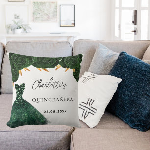Quinceanera emerald grönt klänningsblommor vit kudde