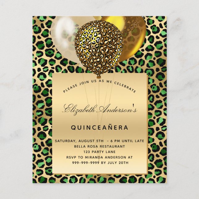 Quinceanera emerald grönt leopard ballongbudget flygblad (Framsidan)