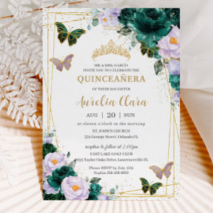 Quinceañera Emerald Grönt Lila Blommigt Butterfly Inbjudningar