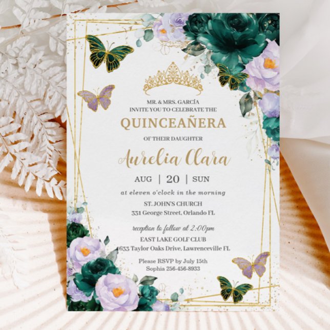 Quinceañera Emerald Grönt Lila Blommigt Butterfly Inbjudningar (Skapare uppladdad)
