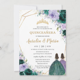 Quinceañera Emerald Grönt Lila Blommigt Twillingar Inbjudningar