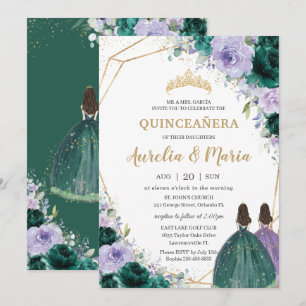 Quinceañera Emerald Grönt Lila Blommigt Twillingar Inbjudningar
