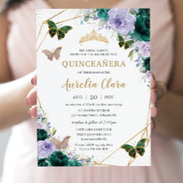 Quinceañera Emerald Grönt Lila Lilac Blommigt Inbjudningar