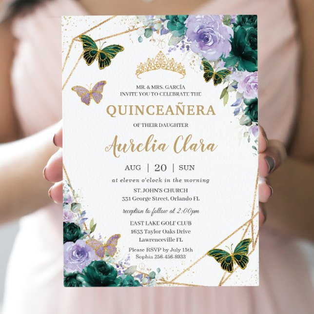 Quinceañera Emerald Grönt Lila Lilac Blommigt Inbjudningar (Skapare uppladdad)