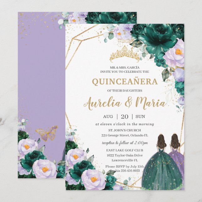 Quinceañera Emerald Grönt Lilac Blommigt Ro Twilli Inbjudningar (Fram/baksida)
