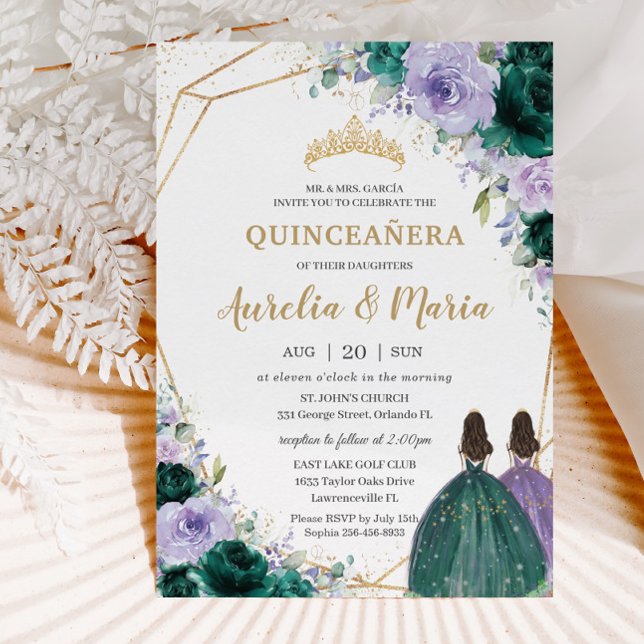 Quinceañera Emerald Grönt Lilac Blommigt Twillinga Inbjudningar (Skapare uppladdad)