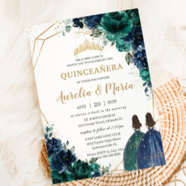 Quinceañera Emerald Grönt Navy Blue Blommigt Twill Inbjudningar