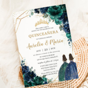 Quinceañera Emerald Grönt Navy Blue Blommigt Twill Inbjudningar