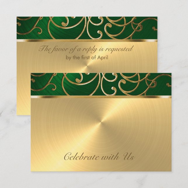 Quinceanera Emerald Grönt och Guld Filigree Swirls Inbjudningar (Fram/baksida)