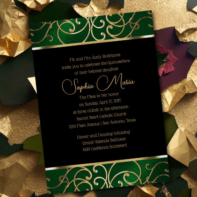 Quinceañera Emerald Grönt och Guld Filigree Swirls Inbjudningar (Skapare uppladdad)