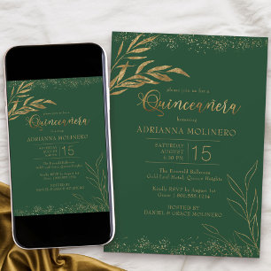 Quinceanera Emerald Grönt och Guld Löv Elegant Inbjudningar