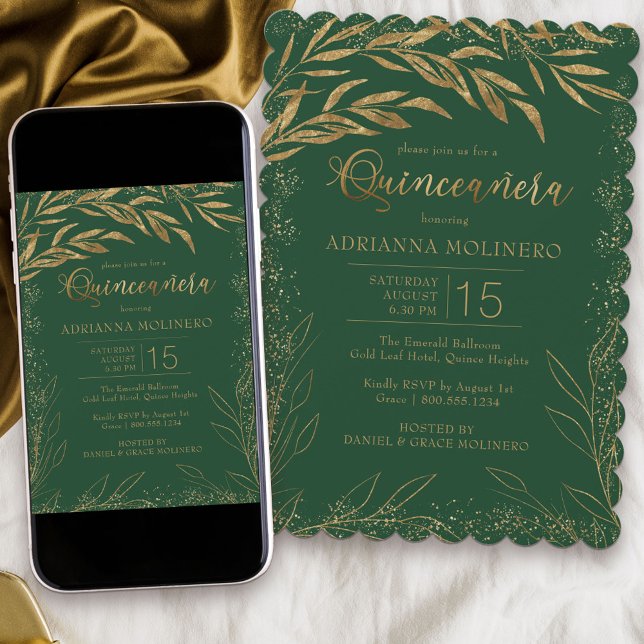 Quinceanera Emerald Grönt och Guld Löv Elegant Inbjudningar (Modern Quinceanera invitation in emerald green from my Gold Leaf Collection)