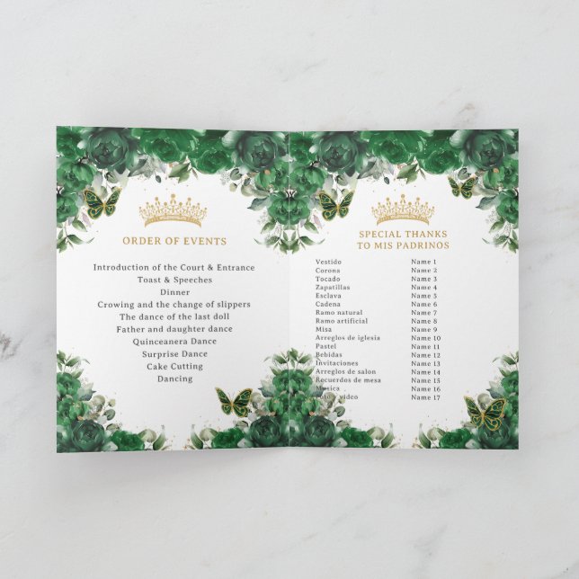 Quinceañera Emerald Grönt Padrinos Events Program (Inuti)