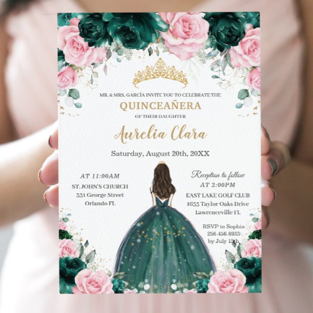 Quinceañera Emerald Grönt Rosa Blommigt Princess Inbjudningar (Skapare uppladdad)