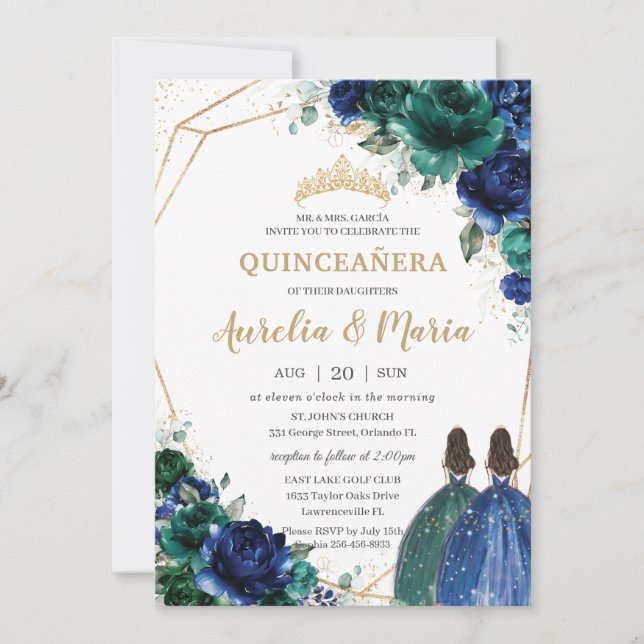 Quinceañera Emerald Grönt Royal Blue Blommigt Twil Inbjudningar (Framsida)