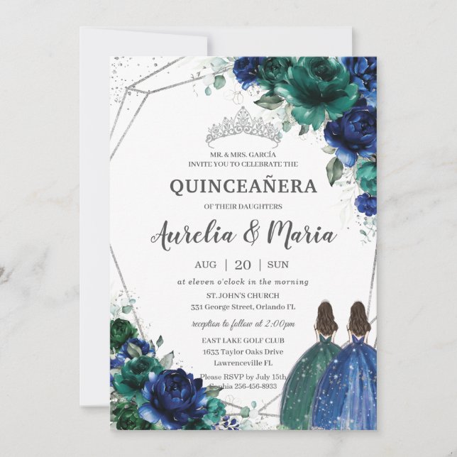 Quinceañera Emerald Grönt Royal Blue Blommigt Twil Inbjudningar (Framsida)