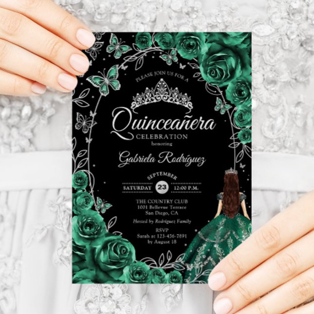 Quinceanera Emerald Grönt Silver Black Inbjudningar (Skapare uppladdad)