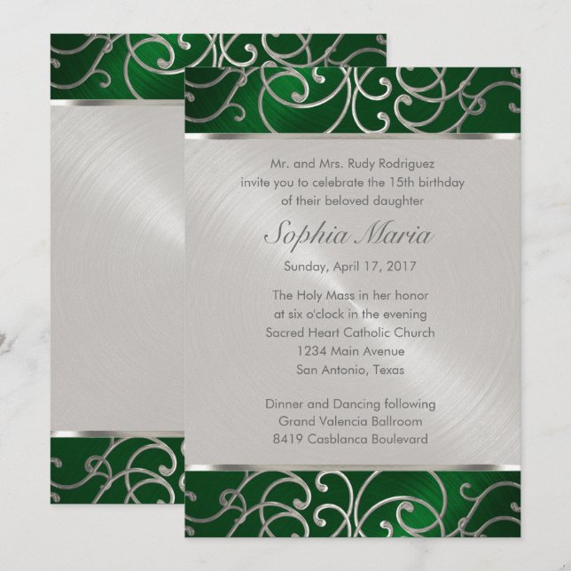 Quinceanera Emerald Grönt Silver Filigree Swirls Inbjudningar (Fram/baksida)