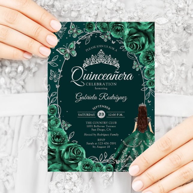 Quinceanera Emerald Grönt Silver Inbjudningar (Skapare uppladdad)