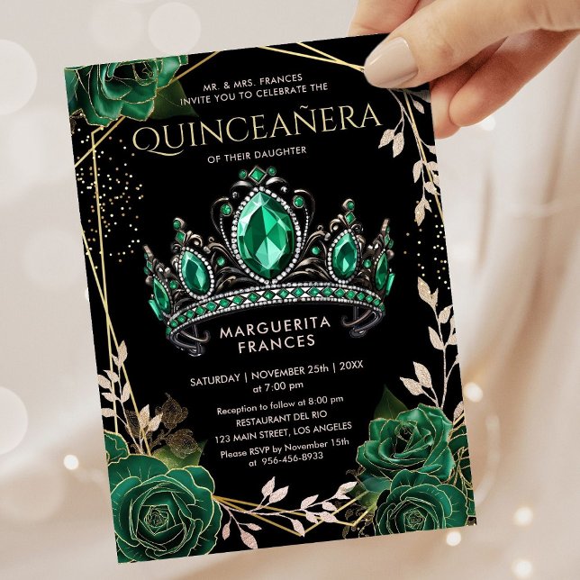 Quinceañera Emerald Grönt Tiara Blommigt Elegant Inbjudningar (Skapare uppladdad)