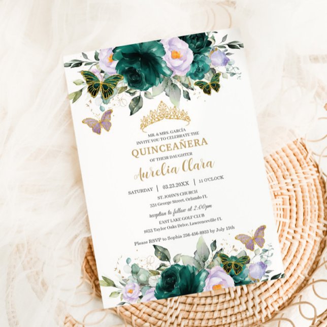 Quinceañera Emerald Lila Blommigt Guld Butterflies Inbjudningar (Skapare uppladdad)