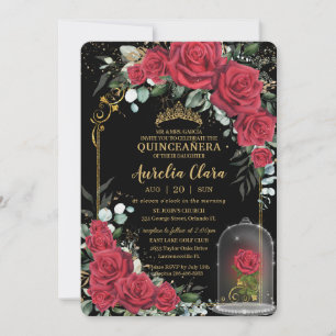 Quinceañera Enchanted Röd ros Blommigt Black Guld Inbjudningar
