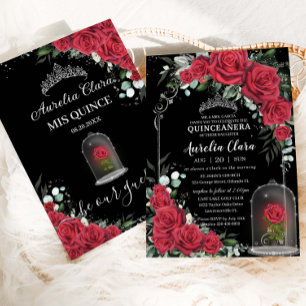 Quinceañera Enchanted Röd ros Blommigt Black Silve Inbjudningar