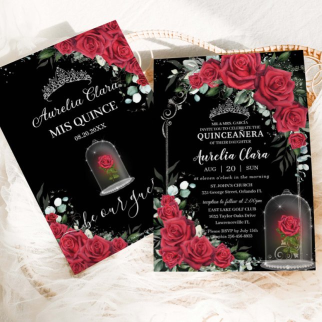 Quinceañera Enchanted Röd ros Blommigt Black Silve Inbjudningar (Skapare uppladdad)