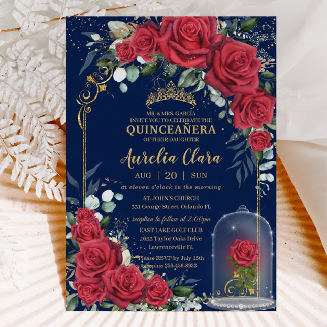 Quinceañera Enchanted Röd ros Blommigt Navy Blue Inbjudningar (enchanted red roses Quinceañera sweet 16 birthday invitation card printed instant download)
