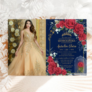 Quinceañera Enchanted Röd ros Blommigt Navy Blue Inbjudningar