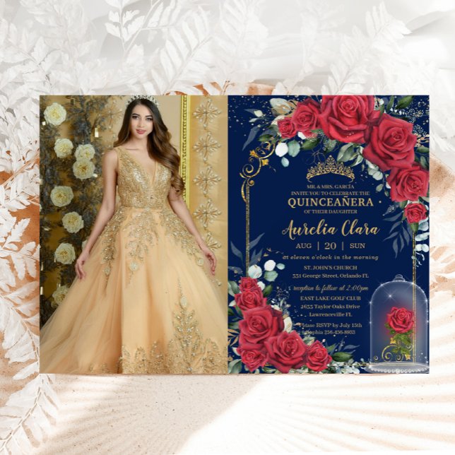 Quinceañera Enchanted Röd ros Blommigt Navy Blue Inbjudningar (beautiful enchanted rose fairytale red roses cloche Quinceañera Sweet 16 birthday photo invitation)
