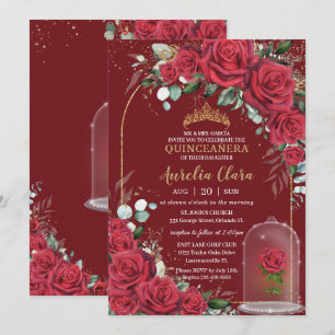 Quinceañera Enchanted Röd ros Blommigt Princess Inbjudningar