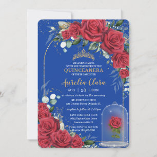 Quinceañera Enchanted Röd ros Blommigt Royal Blue Inbjudningar
