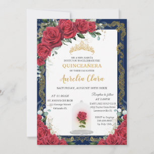 Quinceañera Enchanted Röd ros Navy Blue Guld Inbjudningar