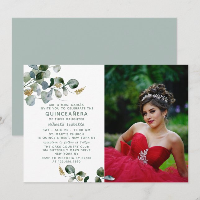 Quinceañera Eucalyptus Greenery Blommigt Photo Inbjudningar (Fram/baksida)