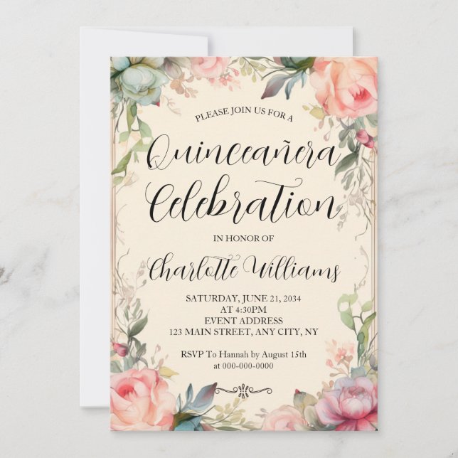 Quinceañera Fairytale Blommigt 15:e födelsedagen Inbjudningar (Framsida)
