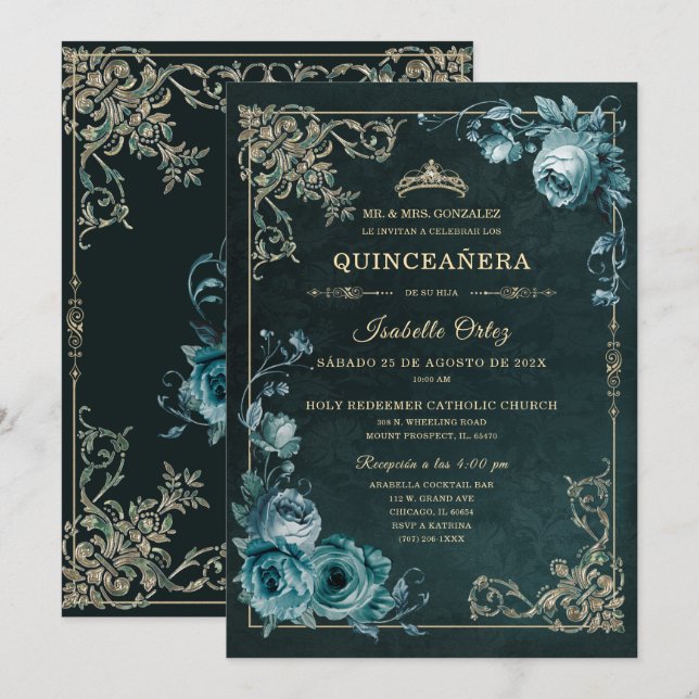 Quinceañera Färg Smaragd och guld Inbjudningar (Fram/baksida)