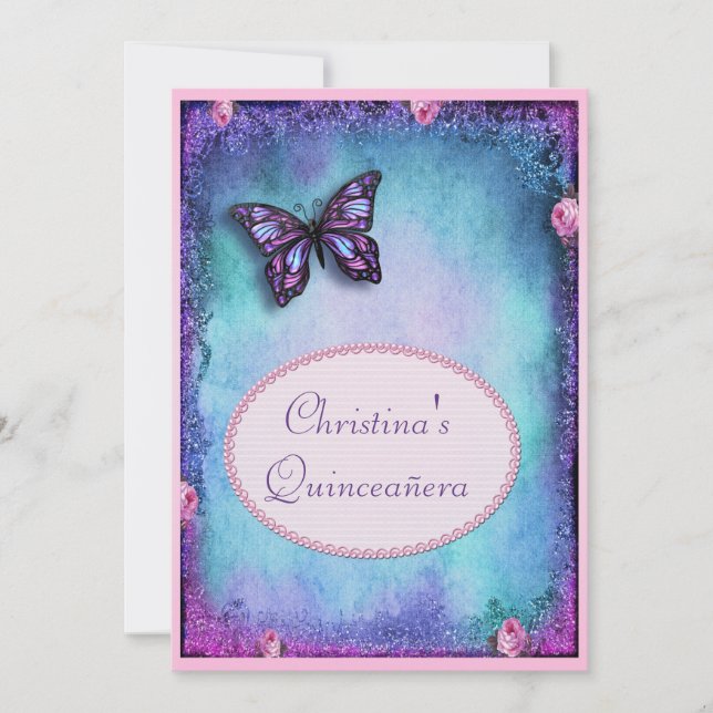 Quinceañera Faux Glitter, Butterfly, Ro & Snöre Inbjudningar (Framsida)