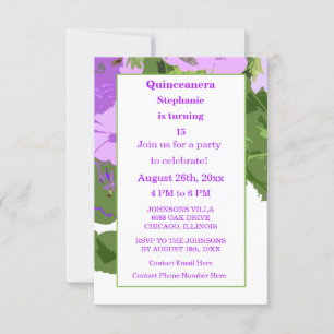 Quinceanera Femtondagars Lila Blommigt Girly Inbjudningar