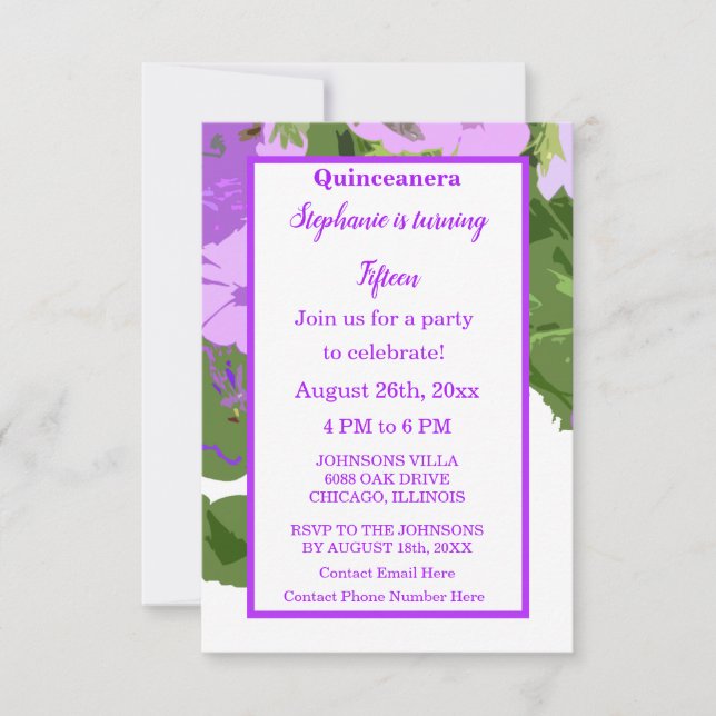 Quinceanera Femtonde födelsedag Lila Blommigt Cute Inbjudningar (Framsida)