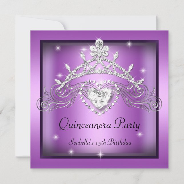 Quinceañera-fest 15:e Silver Lila Tiara Inbjudningar (Framsida)